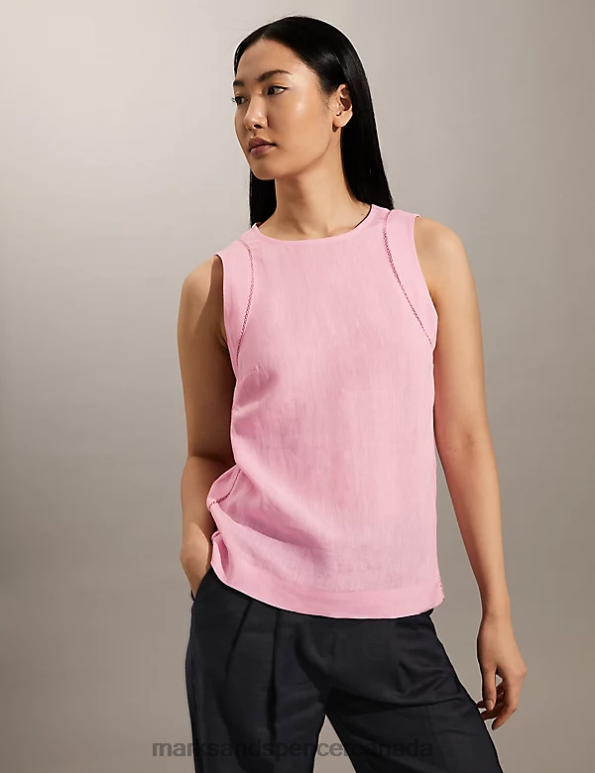 Women Pink Clothing Marks & Spencer Pure Linen Lace Insert Vest Top 20VTD1889 - Marks and Spencer Canada locations