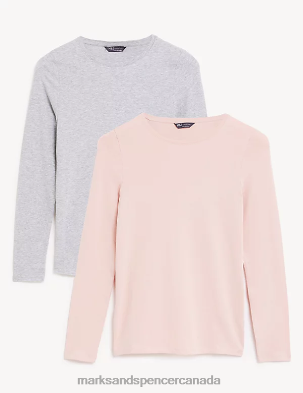 Women Pink Mix Clothing Marks & Spencer 2pk Cotton Rich Slim Fit Tops 20VTD2934 - Marks and Spencer Canada locations