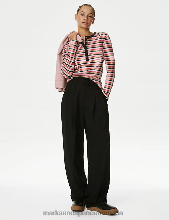 Women Pink Mix Clothing Marks & Spencer Cotton Rich Striped Henley Top 20VTD1286 - Marks and Spencer Canada locations