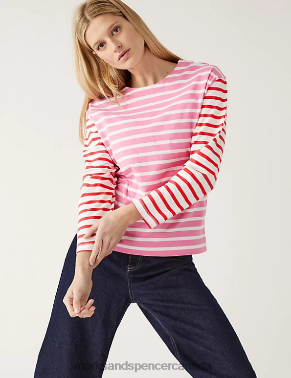 Marks and Spencer near me - Women Pink Mix Clothing Marks & Spencer Pure Cotton Striped Crew Neck Top 20VTD897