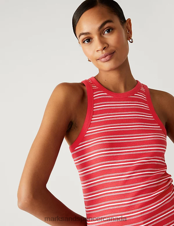 Marks and Spencer Canada - Women Red Mix Clothing Marks & Spencer Cotton Rich Striped Ribbed Vest Top 20VTD2628