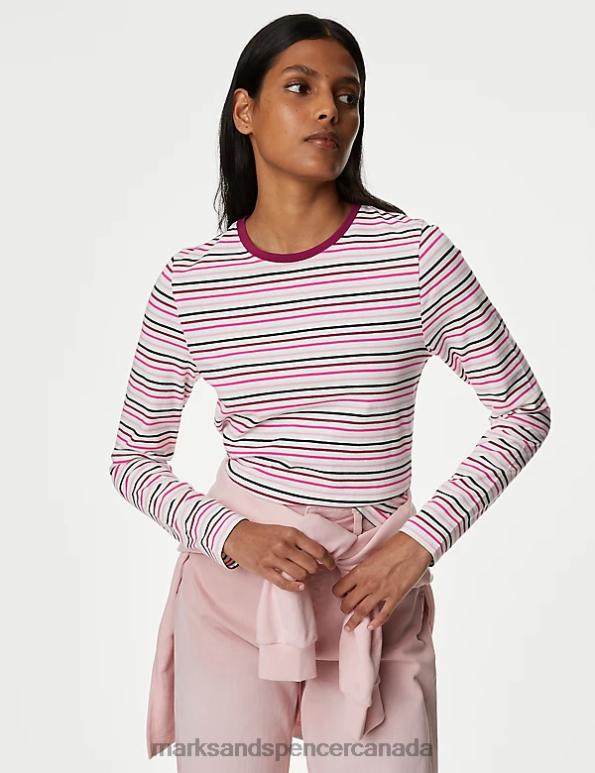 Women Red Mix Clothing Marks & Spencer Cotton Rich Striped Slim Fit Top 20VTD2929 - Marks and Spencer online