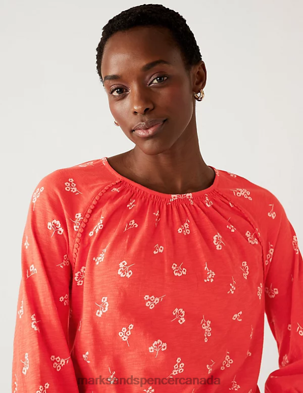 Marks and Spencer sale - Women Red Mix Clothing Marks & Spencer Pure Cotton Printed Crew Neck Top 20VTD3030