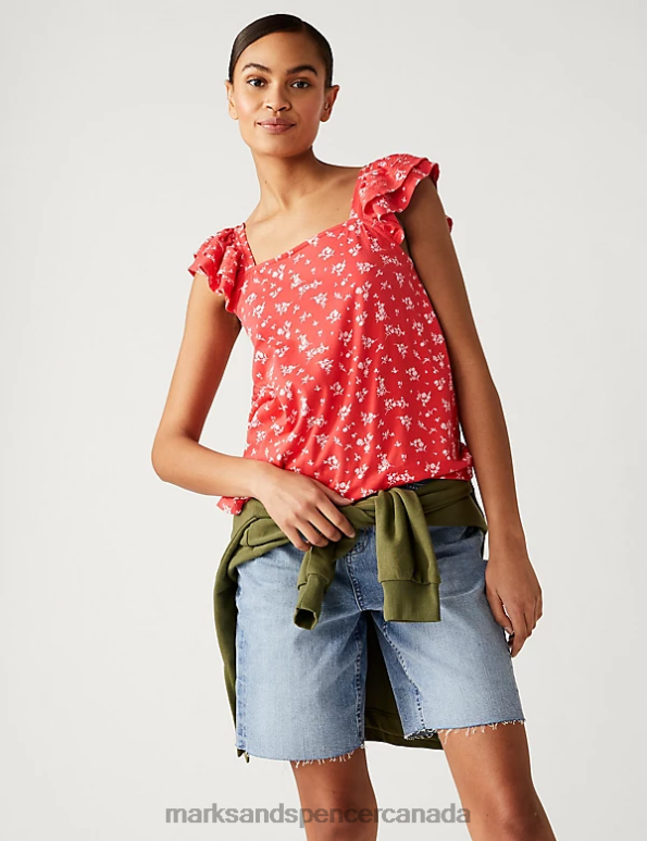 Marks and Spencer Canada - Women Red Mix Clothing Marks & Spencer Pure Cotton Printed Ruffle Vest 20VTD2104