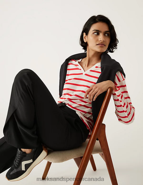 Women Red Mix Clothing Marks & Spencer Striped V-Neck Relaxed Top 20VTD818 - Marks and Spencer Canada locations