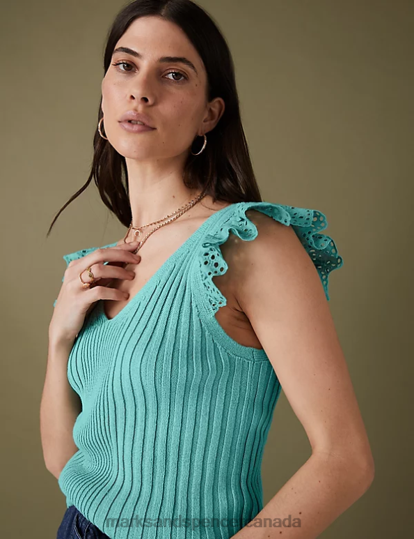 Marks and Spencer sale - Women Sea Green Clothing Marks & Spencer Pure Cotton Ribbed Frill Detail Knitted Top 20VTD2110