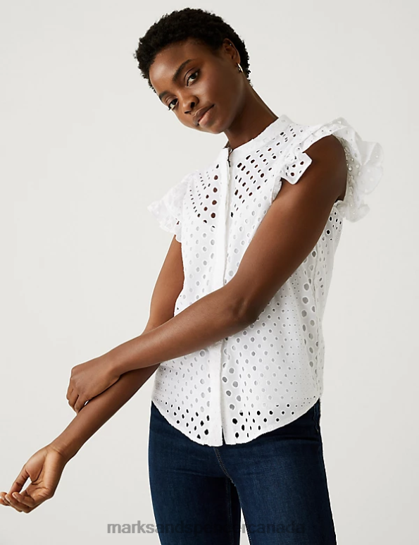 Women Soft White Clothing Marks & Spencer Pure Cotton Broderie Frill Detail Top 20VTD2318 - Marks and Spencer outlet