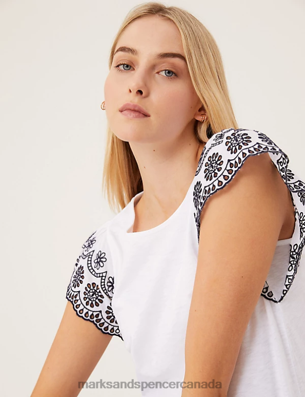 Marks and Spencer Canada - Women Soft White Clothing Marks & Spencer Pure Cotton Embroidered Sleeveless Vest 20VTD3232