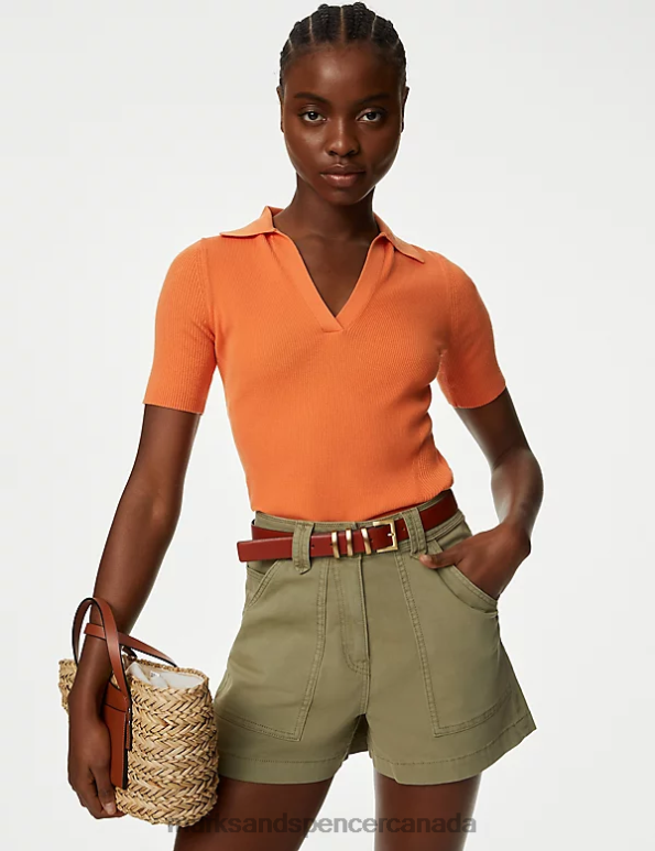 Marks and Spencer Canada - Women Tangerine Clothing Marks & Spencer Cotton Rich Ribbed Collared Knitted Top 20VTD1277