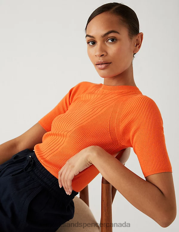 Marks and Spencer sale - Women Tangerine Clothing Marks & Spencer Ribbed Crew Neck Knitted Top 20VTD100