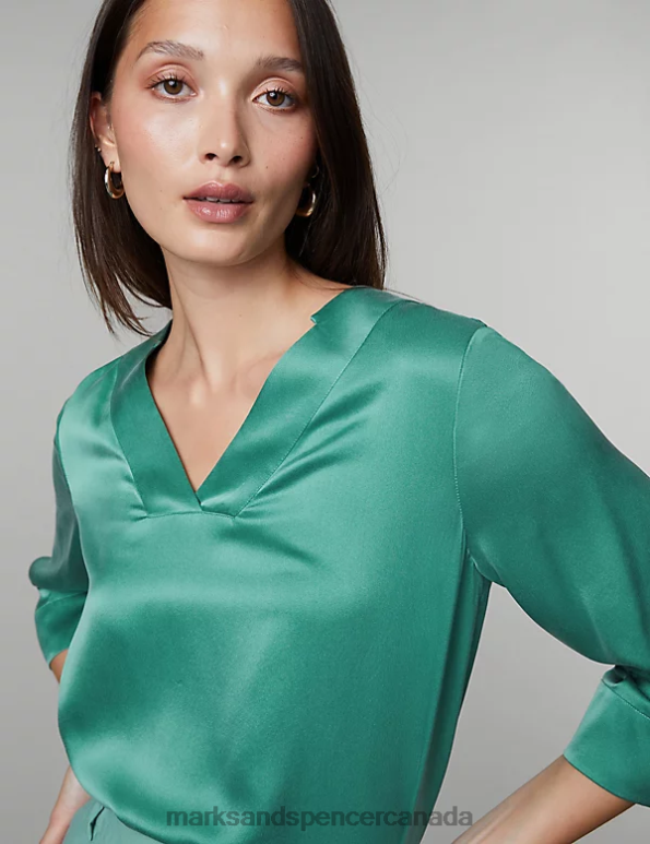 Women Teal Clothing Marks & Spencer Pure Silk V-Neck Top 20VTD375 - Marks and Spencer Canada locations