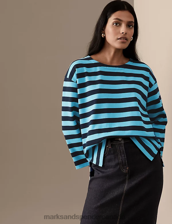 Marks and Spencer Canada - Women Turquoise Mix Clothing Marks & Spencer Cotton Rich Striped Top 20VTD2880