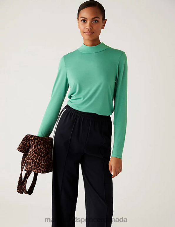 Women Washed Green Clothing Marks & Spencer Jersey Roll Neck Relaxed Long Sleeve Top 20VTD3431 - Marks and Spencer online