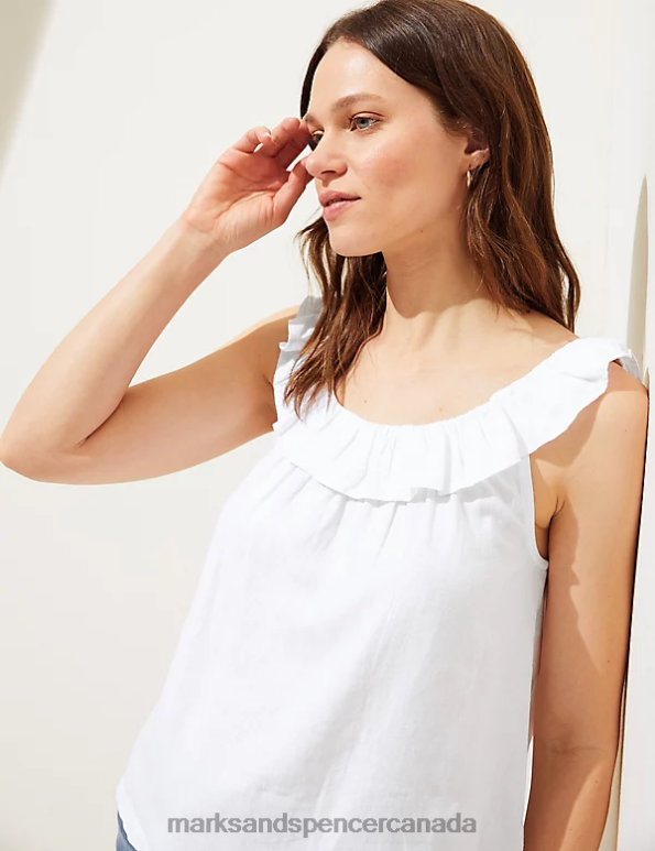 Marks and Spencer sale - Women White Clothing Marks & Spencer Linen Blend Ruffle Vest Top 20VTD1677