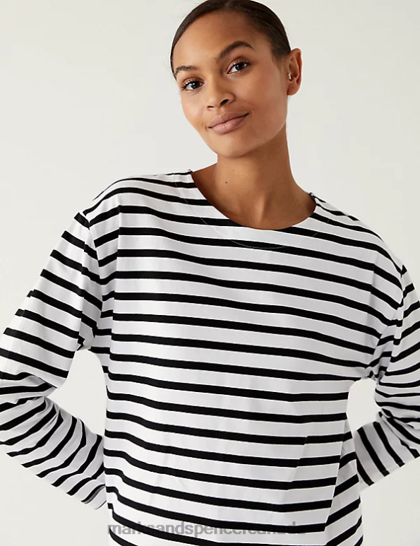 Marks and Spencer Canada - Women White Mix Clothing Marks & Spencer Pure Cotton Striped Crew Neck Top 20VTD1256