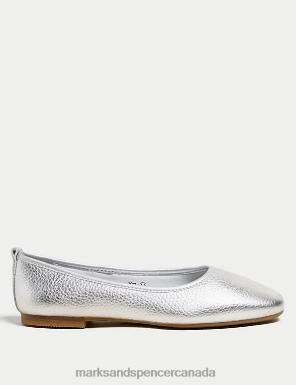 Women Silver Footwear Marks & Spencer Leather Ballet Pumps 20VTD912 - Marks and Spencer outlet