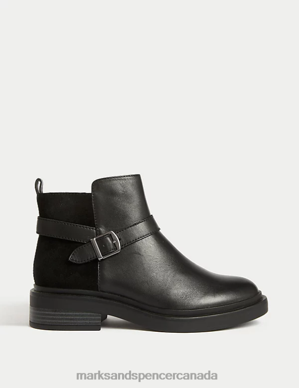 Marks and Spencer Canada - Women Black Footwear Marks & Spencer Wide Fit Leather Buckle Ankle Boots 20VTD2828