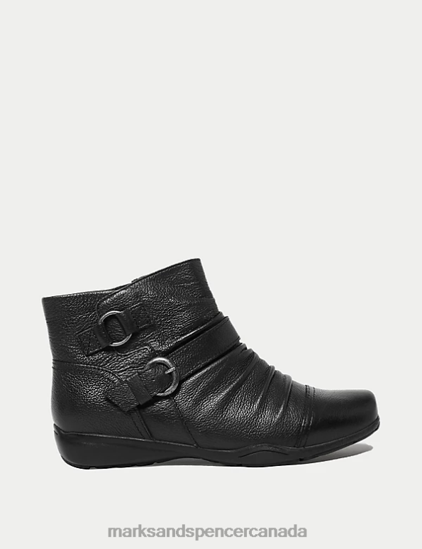 Women Black Footwear Marks & Spencer Wide Fit Leather Buckle Ruched Ankle Boots 20VTD2428 - Marks and Spencer Canada locations