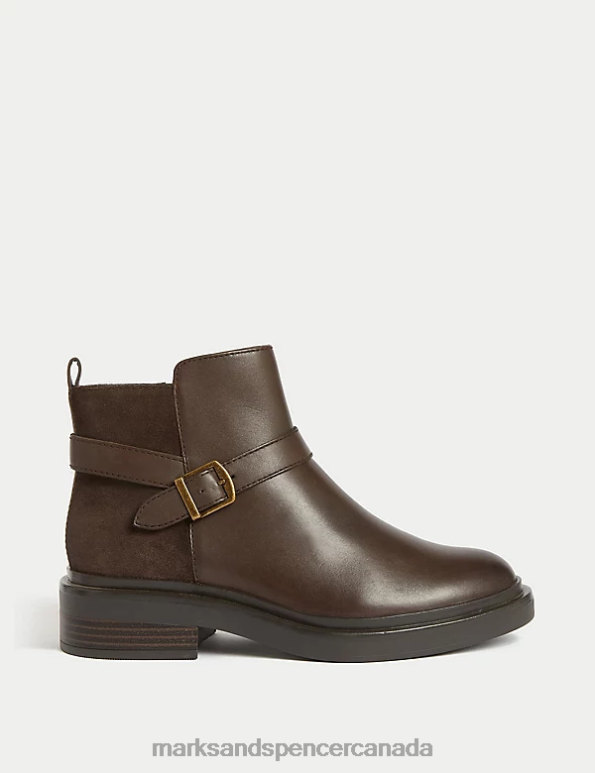 Women Brown Footwear Marks & Spencer Wide Fit Leather Buckle Ankle Boots 20VTD3146 - Marks and Spencer outlet