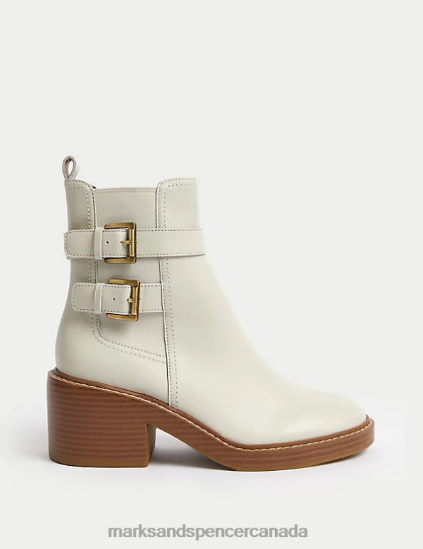 Marks and Spencer Canada - Women Vanilla Footwear Marks & Spencer Leather Buckle Block Heel Ankle Boots 20VTD1231