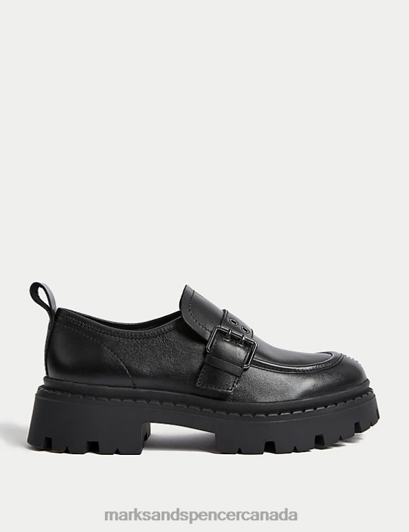 Women Black Footwear Marks & Spencer Leather Chunky Buckle Flatform Loafers 20VTD1945 - Marks and Spencer outlet