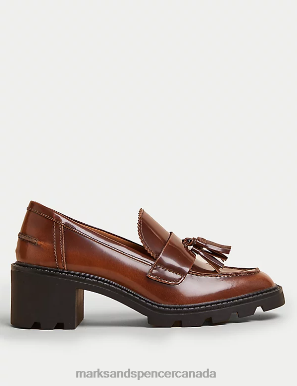 Marks and Spencer Canada - Women Chestnut Footwear Marks & Spencer Leather Tassel Block Heel Loafers 20VTD2013