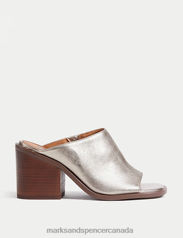 Women Gunmetal Footwear Marks & Spencer Leather Block Heel Open Toe Mules 20VTD2609 - Marks and Spencer outlet