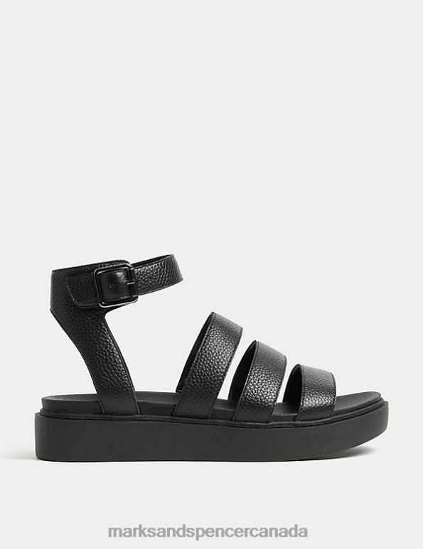 Marks and Spencer Canada - Women Black Footwear Marks & Spencer Leather Ankle Strap Flat Sandals 20VTD2724