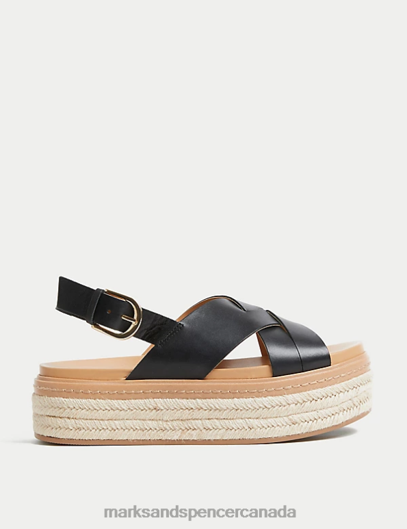 Marks and Spencer Canada - Women Black Footwear Marks & Spencer Leather Crossover Flatform Sandals 20VTD2820