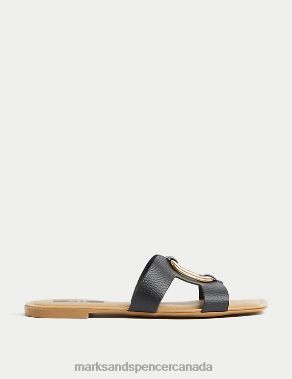 Women Black Footwear Marks & Spencer Leather Ring Detail Flat Sliders 20VTD3033 - Marks and Spencer online