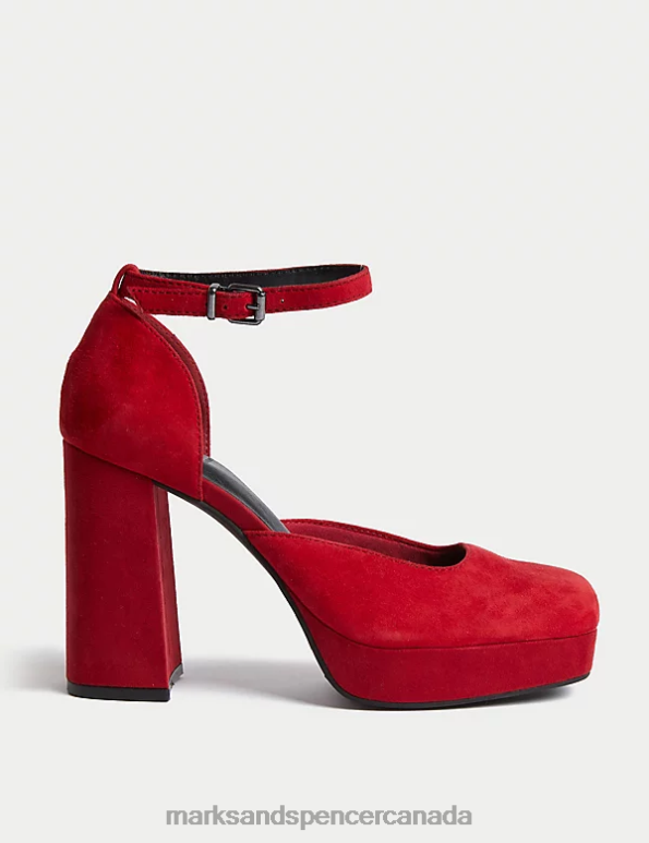 Marks and Spencer Canada - Women Crimson Footwear Marks & Spencer Suede Ankle Strap Platform Square Toe Heels 20VTD880