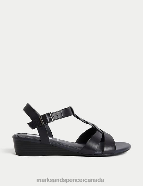 Women Navy Footwear Marks & Spencer Wide Fit Leather Wedge Sandals 20VTD2380 - Marks and Spencer Canada locations