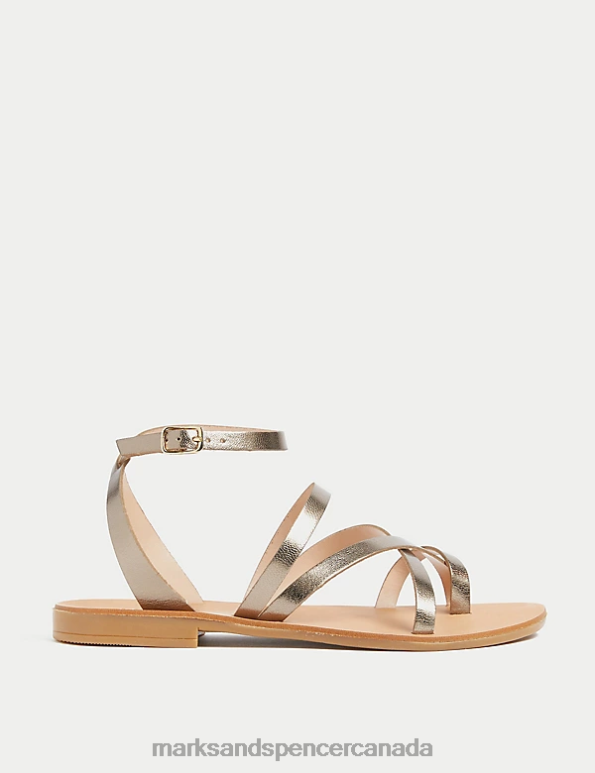 Marks and Spencer Canada - Women Soft Gold Footwear Marks & Spencer Leather Strappy Flat Sandals 20VTD1608