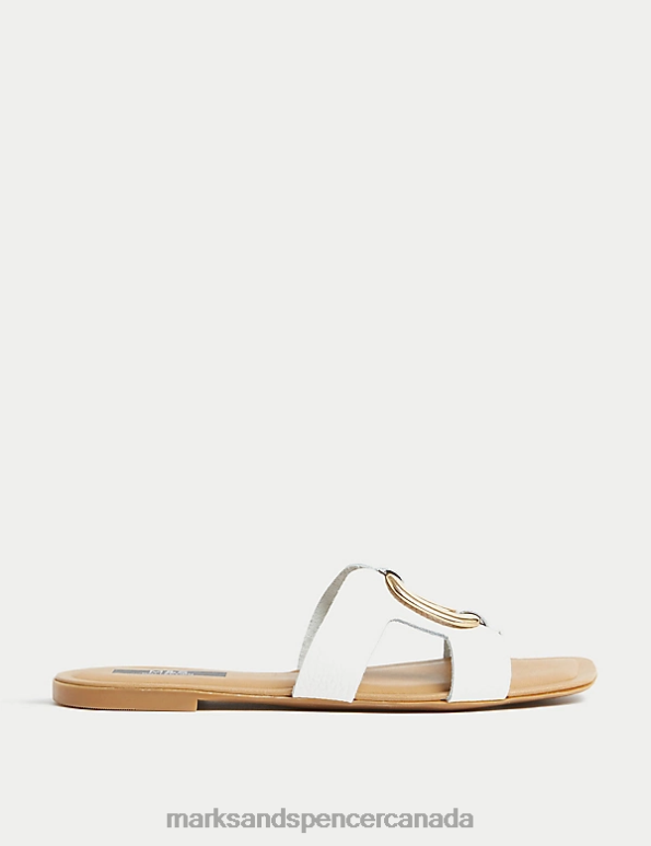 Women White Footwear Marks & Spencer Leather Ring Detail Flat Sliders 20VTD2688 - Marks and Spencer outlet