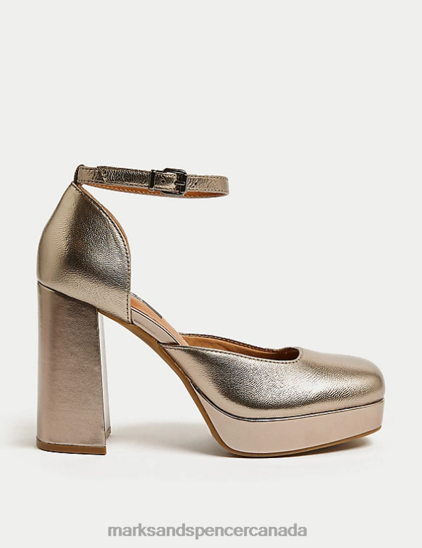 Women Antique Gold Footwear Marks & Spencer Leather Ankle Strap Platform Court Shoes 20VTD1297 - Marks and Spencer online