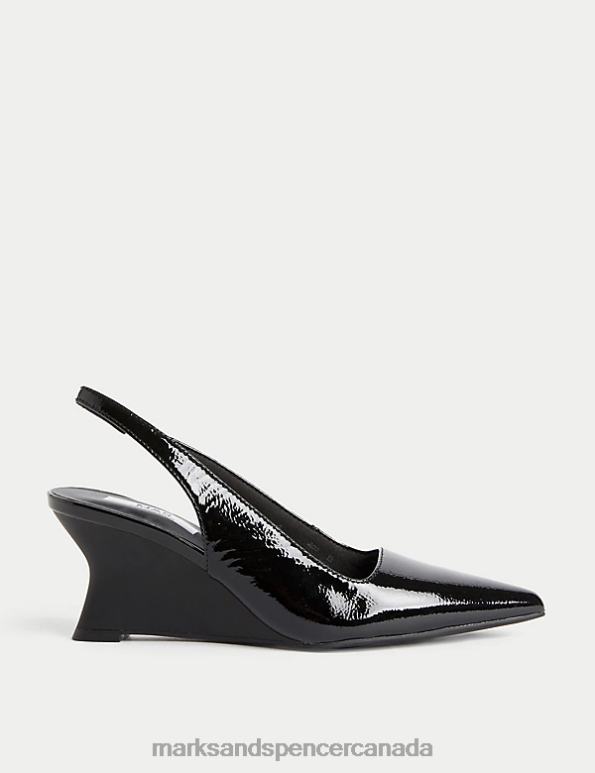 Women Black Footwear Marks & Spencer Leather Patent Wedge Slingback Shoes 20VTD1298 - Marks and Spencer Canada locations