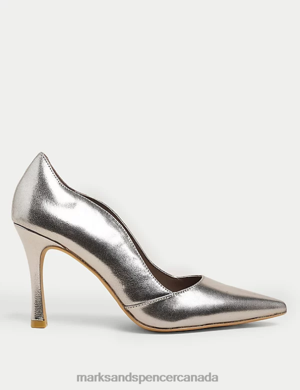 Women Gunmetal Footwear Marks & Spencer Leather Stiletto Heel Pointed Court Shoes 20VTD1866 - Marks and Spencer Canada locations