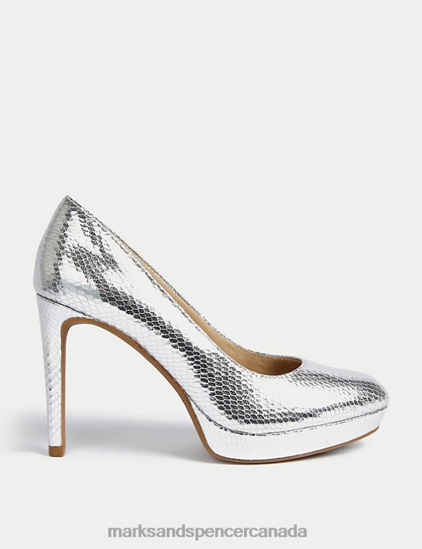 Women Silver Footwear Marks & Spencer Croc Platform Stiletto Heel Court Shoes 20VTD2139 - Marks and Spencer outlet