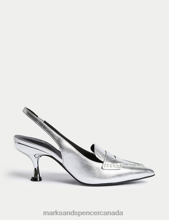 Marks and Spencer sale - Women Silver Footwear Marks & Spencer Leather Kitten Heel Pointed Slingback Shoes 20VTD722