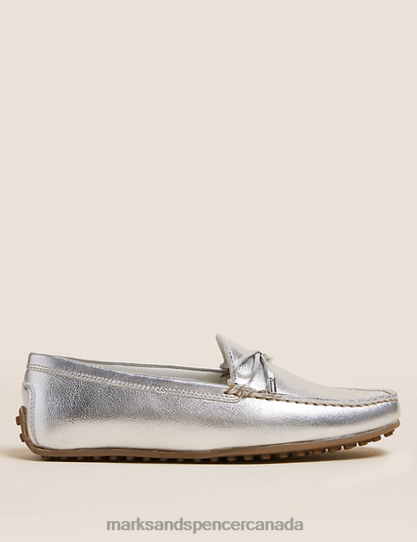 Women Silver Footwear Marks & Spencer Wide Fit Leather Bow Boat Shoes 20VTD2026 - Marks and Spencer online