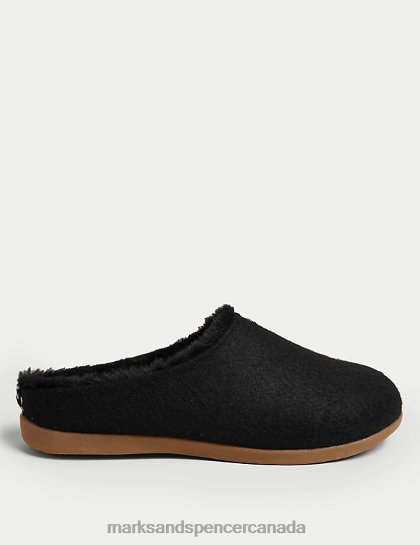 Marks and Spencer Canada - Women Black Footwear Marks & Spencer Felt Faux Fur Lined Mule Slippers 20VTD3133