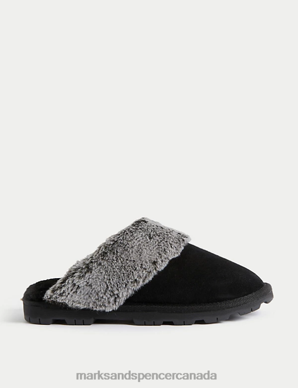 Marks and Spencer near me - Women Black Footwear Marks & Spencer Suede Faux Fur Lined Mule Slippers 20VTD3158