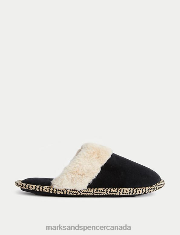 Marks and Spencer Canada - Women Black Mix Footwear Marks & Spencer Faux Fur Lined Mule Slippers 20VTD2839