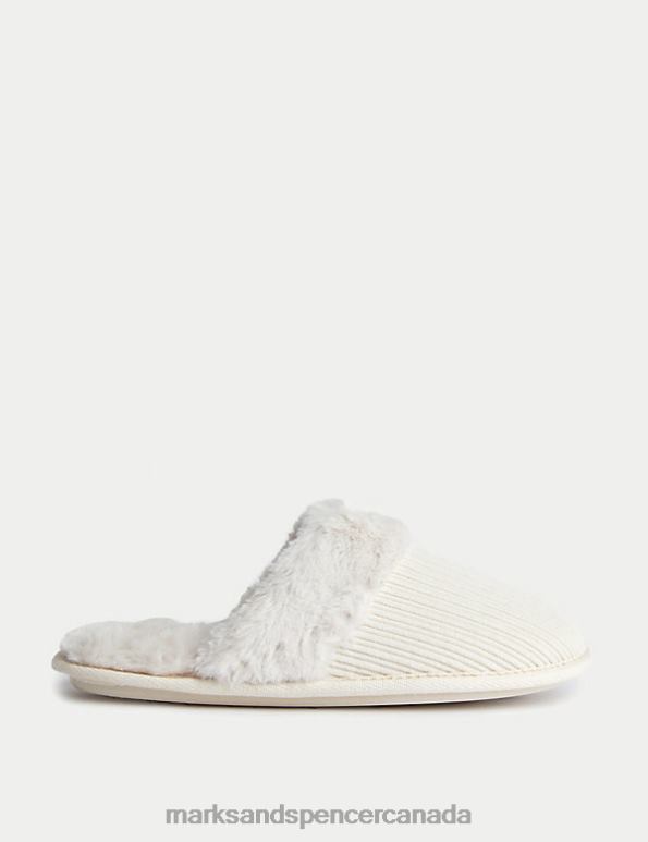 Women Cream Footwear Marks & Spencer Cord Faux Fur Lined Mule Slippers 20VTD2745 - Marks and Spencer outlet