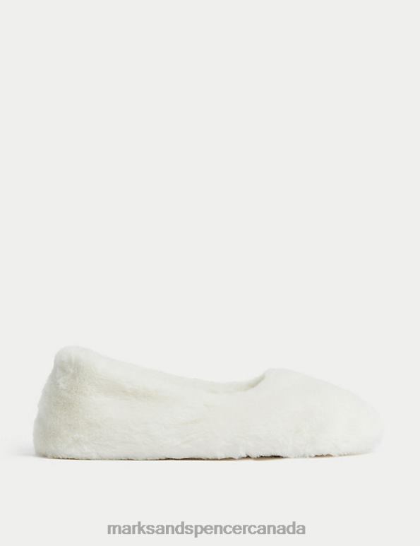 Marks and Spencer Canada - Women Cream Footwear Marks & Spencer Faux Fur Ballerina Slippers with Freshfeet 20VTD2078