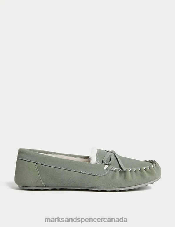 Women Dark Sage Footwear Marks & Spencer Suede Bow Faux Fur Lined Moccasin Slippers 20VTD3475 - Marks and Spencer online