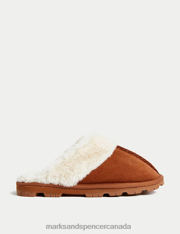 Women Dark Tan Footwear Marks & Spencer Suede Faux Fur Lined Mule Slippers 20VTD3375 - Marks and Spencer online