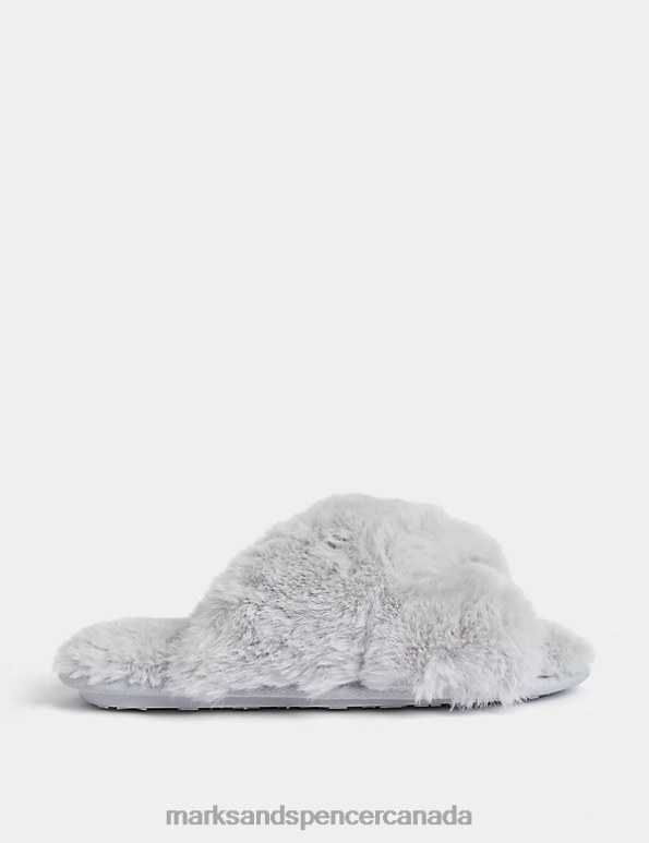 Women Light Grey Footwear Marks & Spencer Faux Fur Crossover Slider Slippers 20VTD1928 - Marks and Spencer online