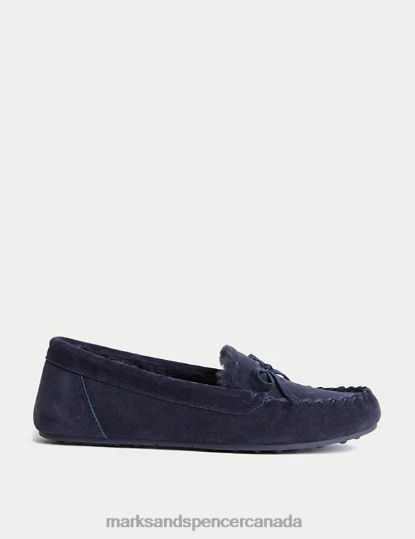 Marks and Spencer sale - Women Midnight Navy Footwear Marks & Spencer Suede Bow Faux Fur Lined Moccasin Slippers 20VTD3474