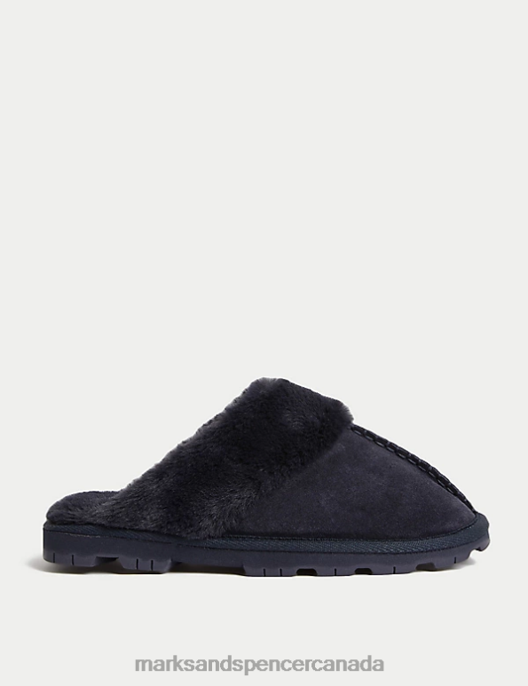 Women Midnight Navy Footwear Marks & Spencer Suede Faux Fur Lined Mule Slippers 20VTD3078 - Marks and Spencer outlet